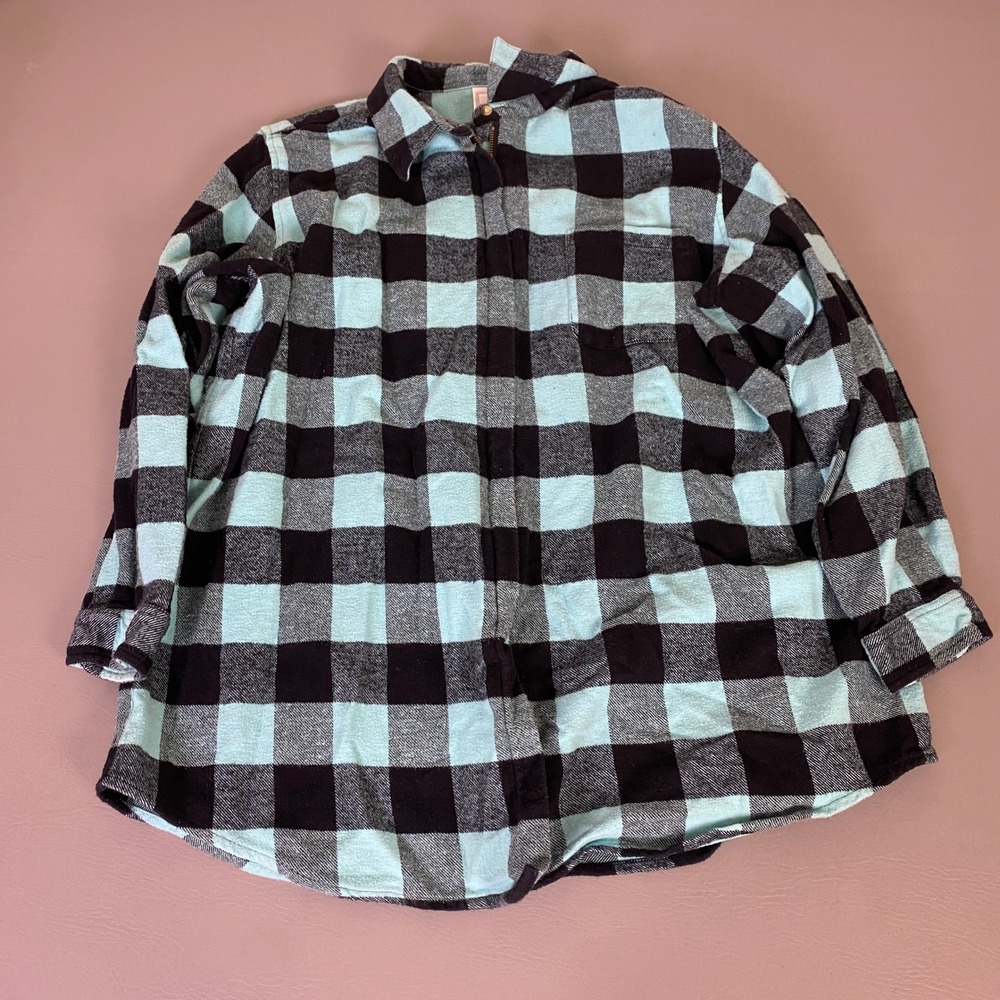 Roamans Flannel Shirt Women's Plus Size 24W Aqua Blue Black Plaid‎ Full Zip